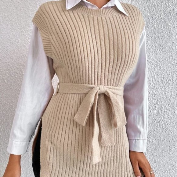 TAN BELTED RIBBED KNIT SWEATER VEST NO BLOUSE - Picture 4 of 6